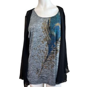 Ladies Large One Piece Blouse Peacock Feather Attached Cardigan Sheer Sleeves